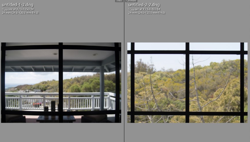 Figure 13: Perspective Distortion - The image on the left was taken with a 24 mm focal length lens standing 1.5 feet from the window. Notice the curved lines on the window that in reality are straight. The image on the right of the same window was taken from a distance of about 10 feet and then cropped for comparison purposes. Note the lines are now straight.